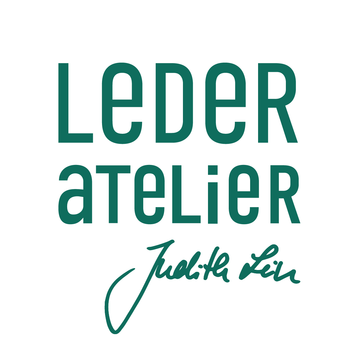 Dunkelgrüne Wortmarke des Ateliers bestehend aus dem Schriftzug "Lederatelier" und der Unterschrift "Judith Lein".